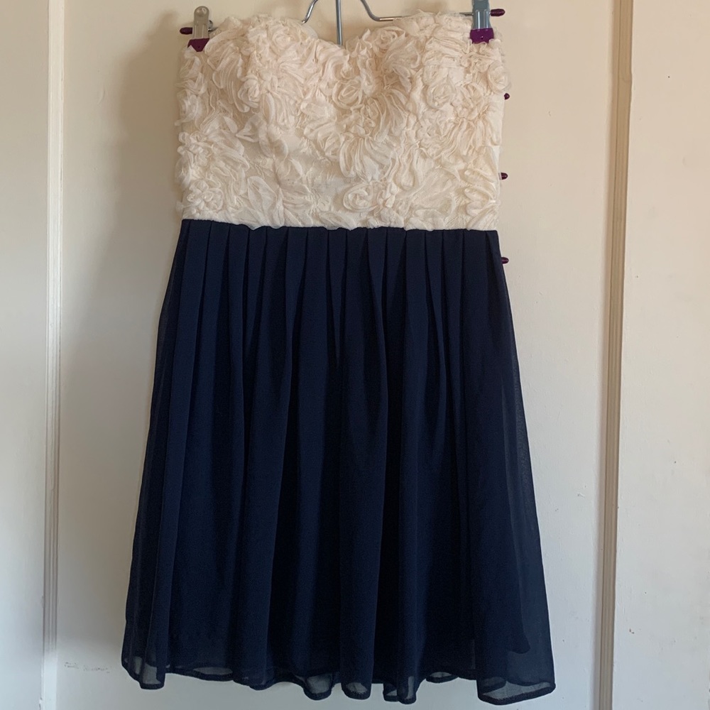 Navy Blue and White Floral Strapless Dress